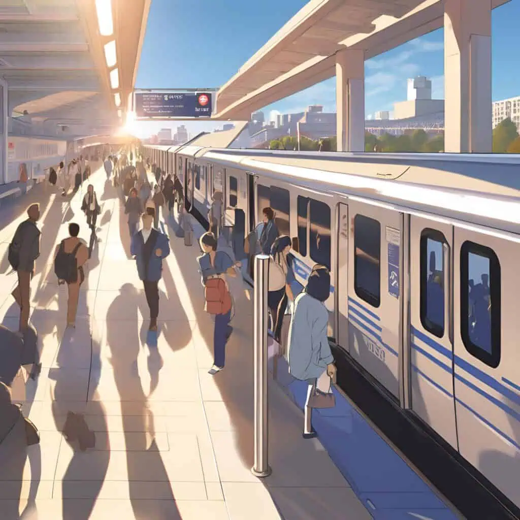 Busy platform at Metro-North station near Yankee Stadium with commuters boarding a modern train under golden sunlight.