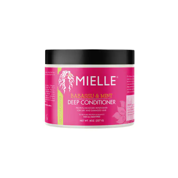 White jar of Mielle Babassu & Mint Deep Conditioner, a protein-moisture balancing treatment for natural hair with a refreshing mint scent.