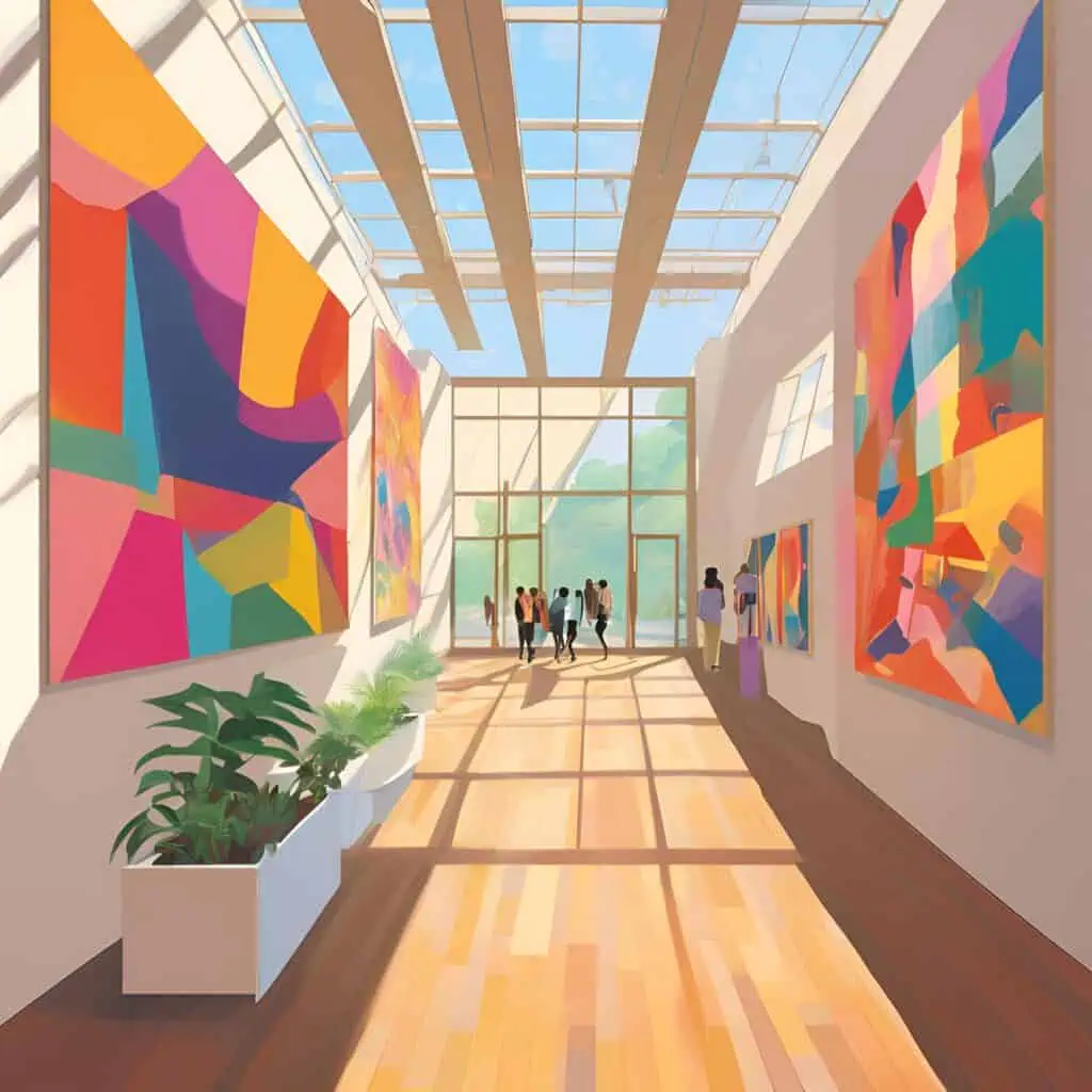 Bright, airy gallery hallway at the Bronx Museum of the Arts with modern abstract paintings and visitors walking through.