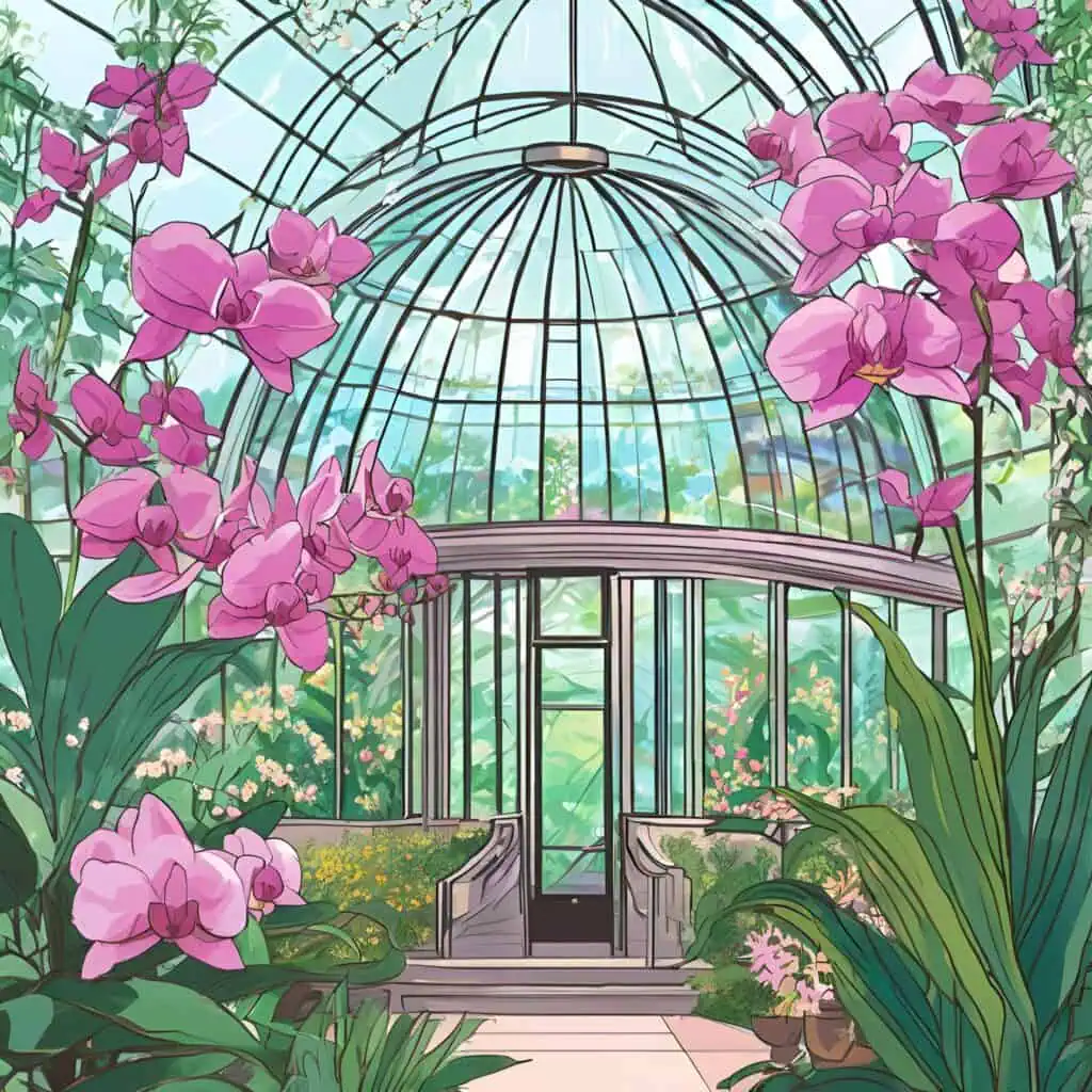 Enid A. Haupt Conservatory at NY Botanical Garden filled with blooming orchids, glass dome overhead and lush greenery inside.