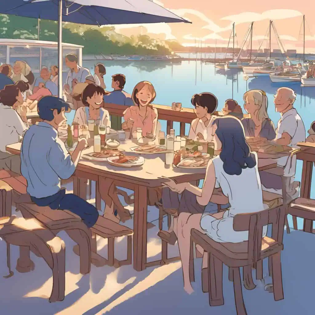 Families dining at sunset on a waterfront deck at City Island, with sailboats in the background and a lively atmosphere.