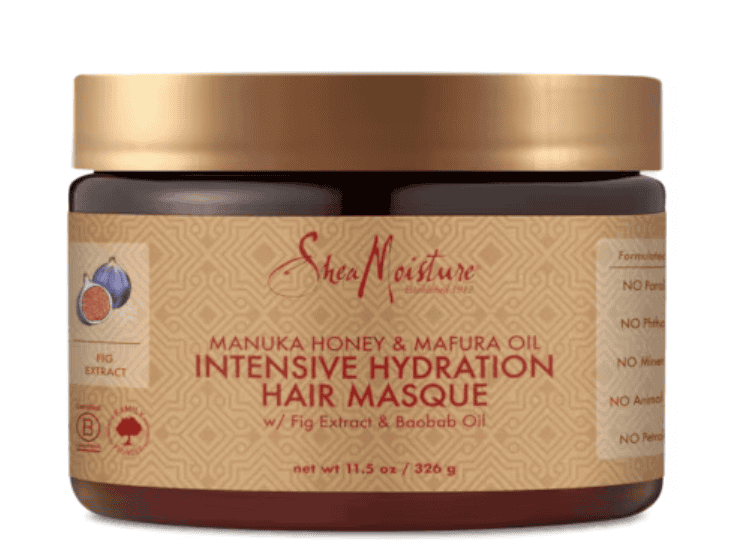 Gold-topped jar of SheaMoisture Raw Shea Butter Masque, formulated for dry, transitioning hair in need of intense hydration and repair.