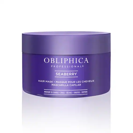 Obliphica Seaberry Hair Mask for Thick to Coarse Hair – wide purple jar offering deep hydration and softness.