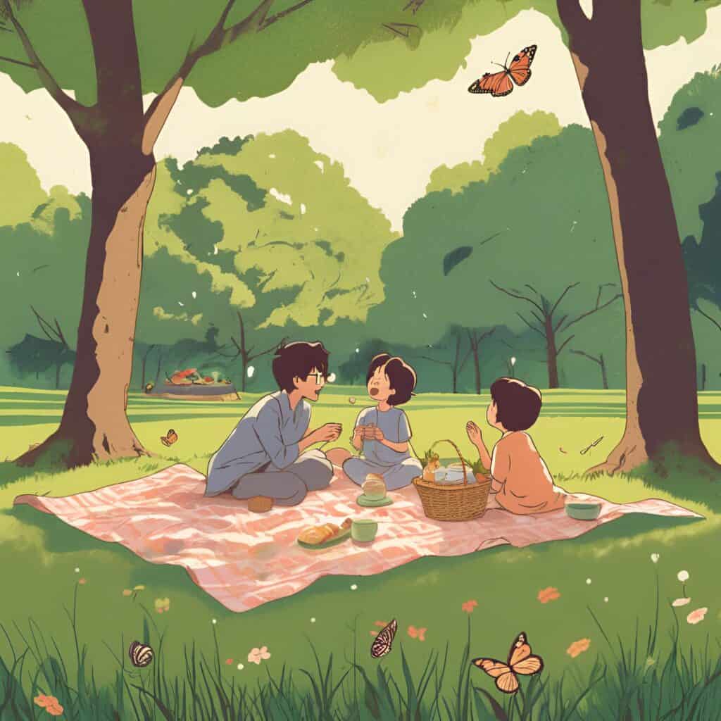 Family enjoying a picnic under trees at Van Cortlandt Park with butterflies flying around, capturing a peaceful nature moment.