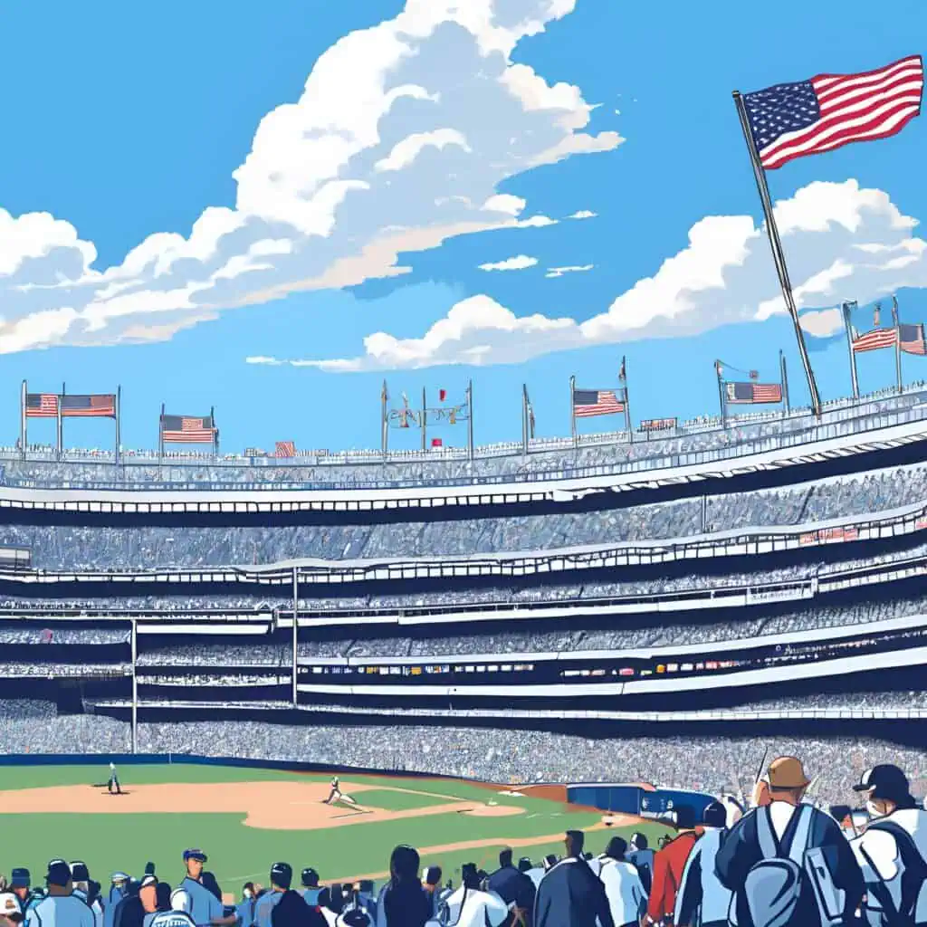 Crowd walking toward Yankee Stadium on game day with a blue sky above, American flags flying, and stadium full of energy.