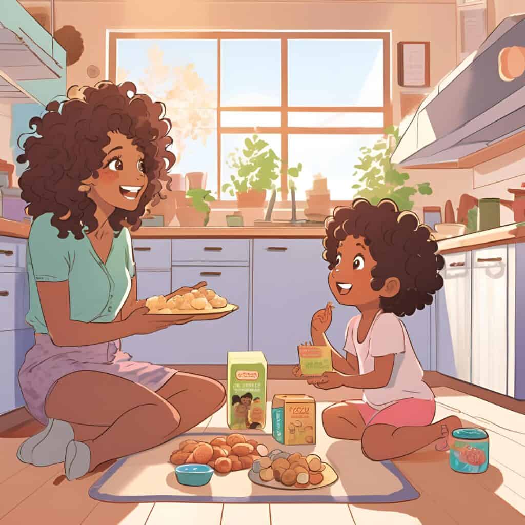 Illustration of a curly-haired mom and child sitting on the kitchen floor, enjoying snacks and laughing together in a sunlit, cozy kitchen.