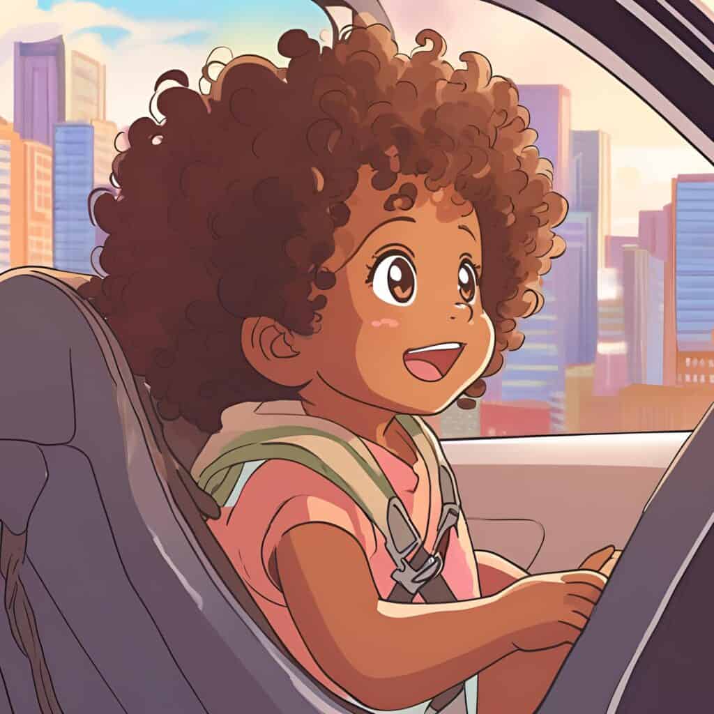 Illustration of a cheerful brown-skinned toddler with curly hair sitting in a car seat, looking out the window at a city skyline