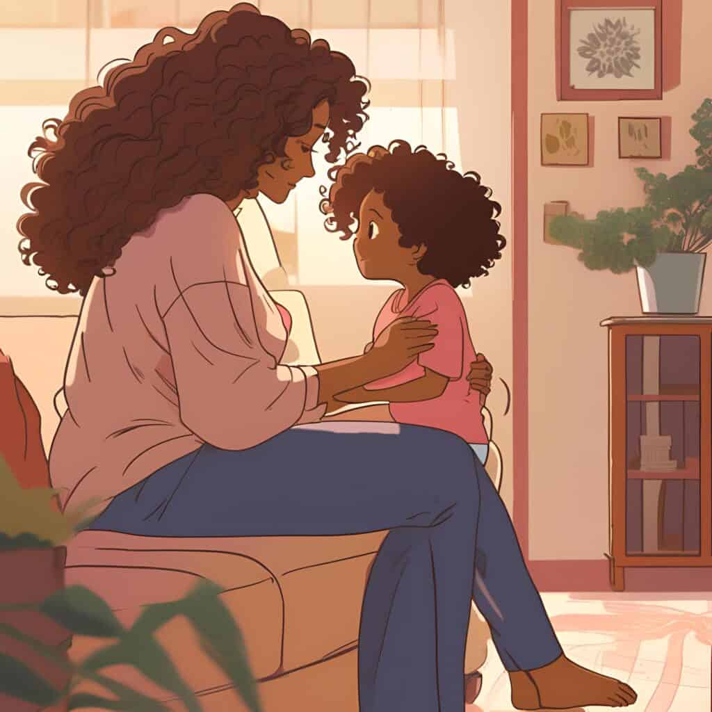 A mom sitting with her toddler on her lap at eye level comforting him