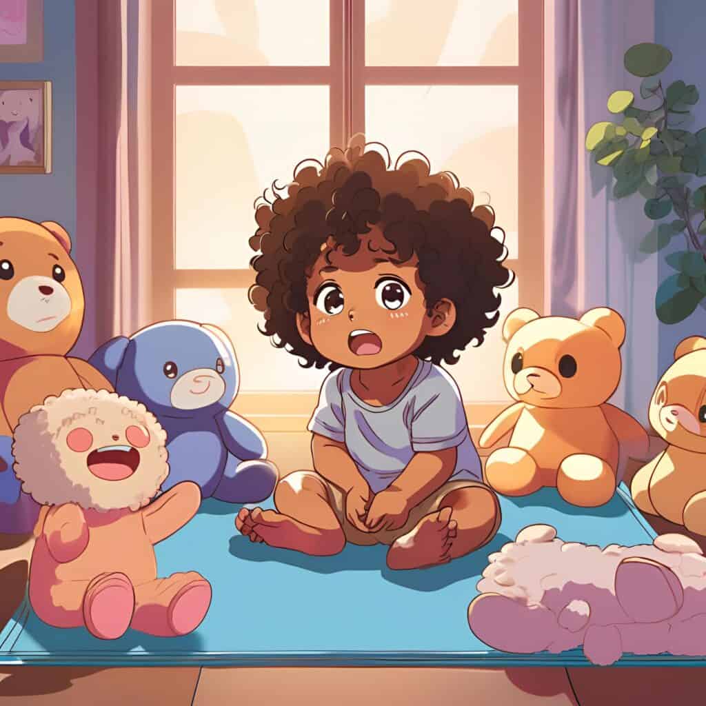A toddler sitting on the floor on the rug surrounded by his toys