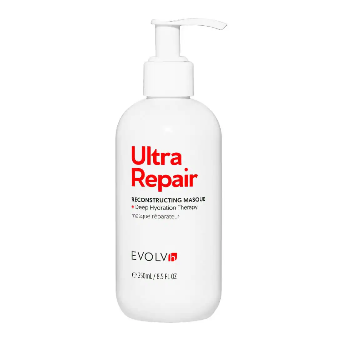 Minimal white pump bottle of EVOLVh UltraRepair Masque, a clean, protein-rich formula that strengthens and rebuilds damaged hair.