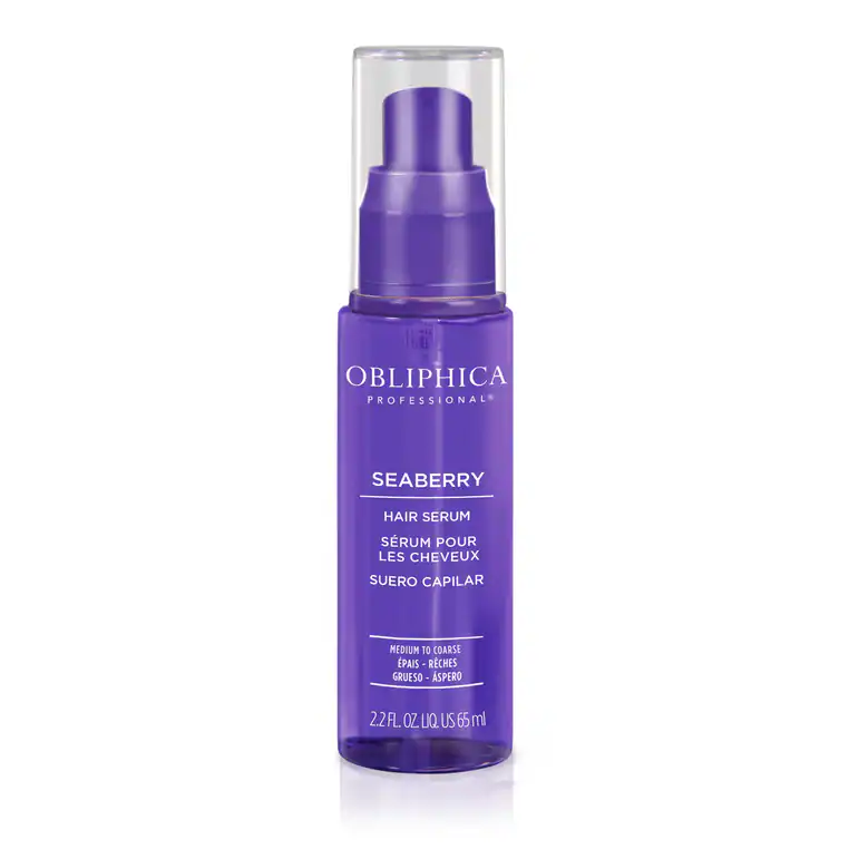 Obliphica Seaberry Hair Serum for Thick to Coarse Hair – lightweight purple spray bottle for shine and humidity protection.