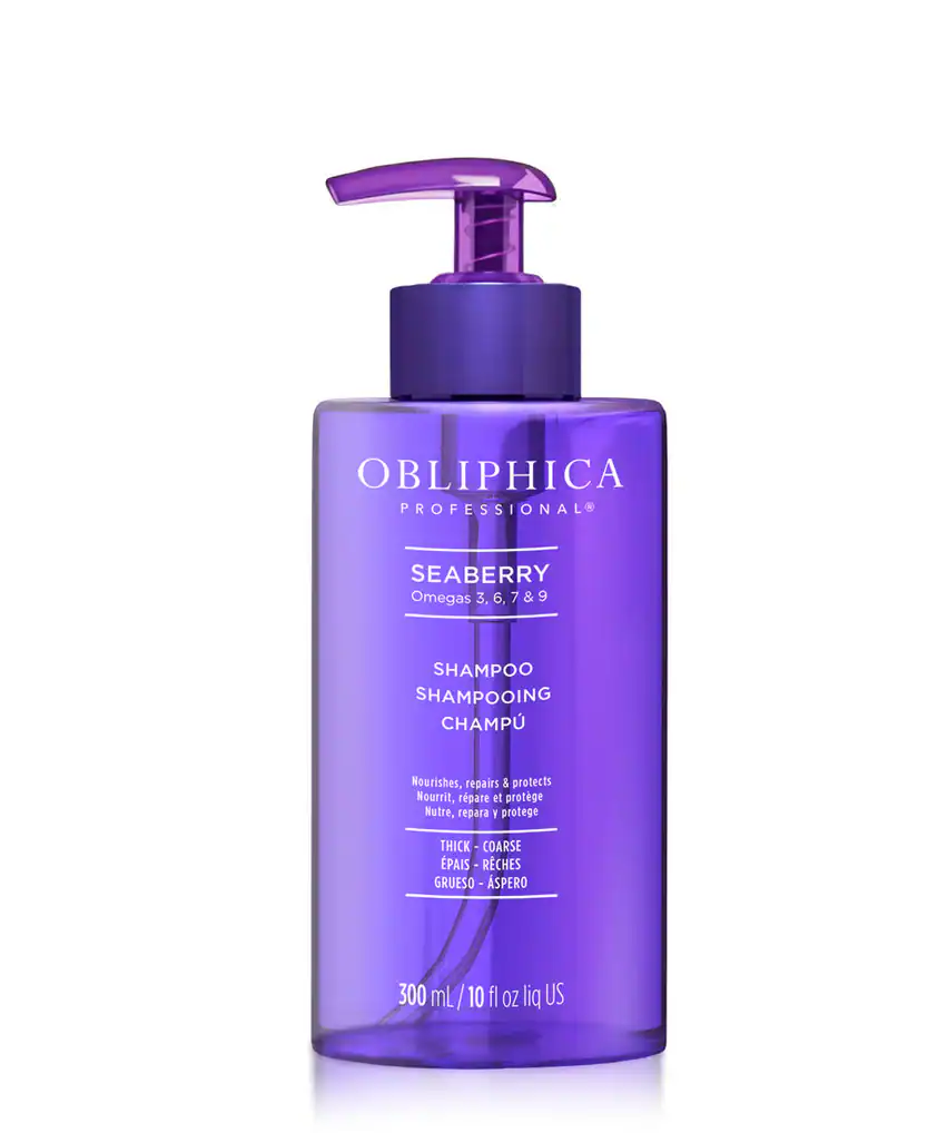 Obliphica Seaberry Shampoo for Thick to Coarse Hair – tall purple pump bottle designed to cleanse without stripping moisture.