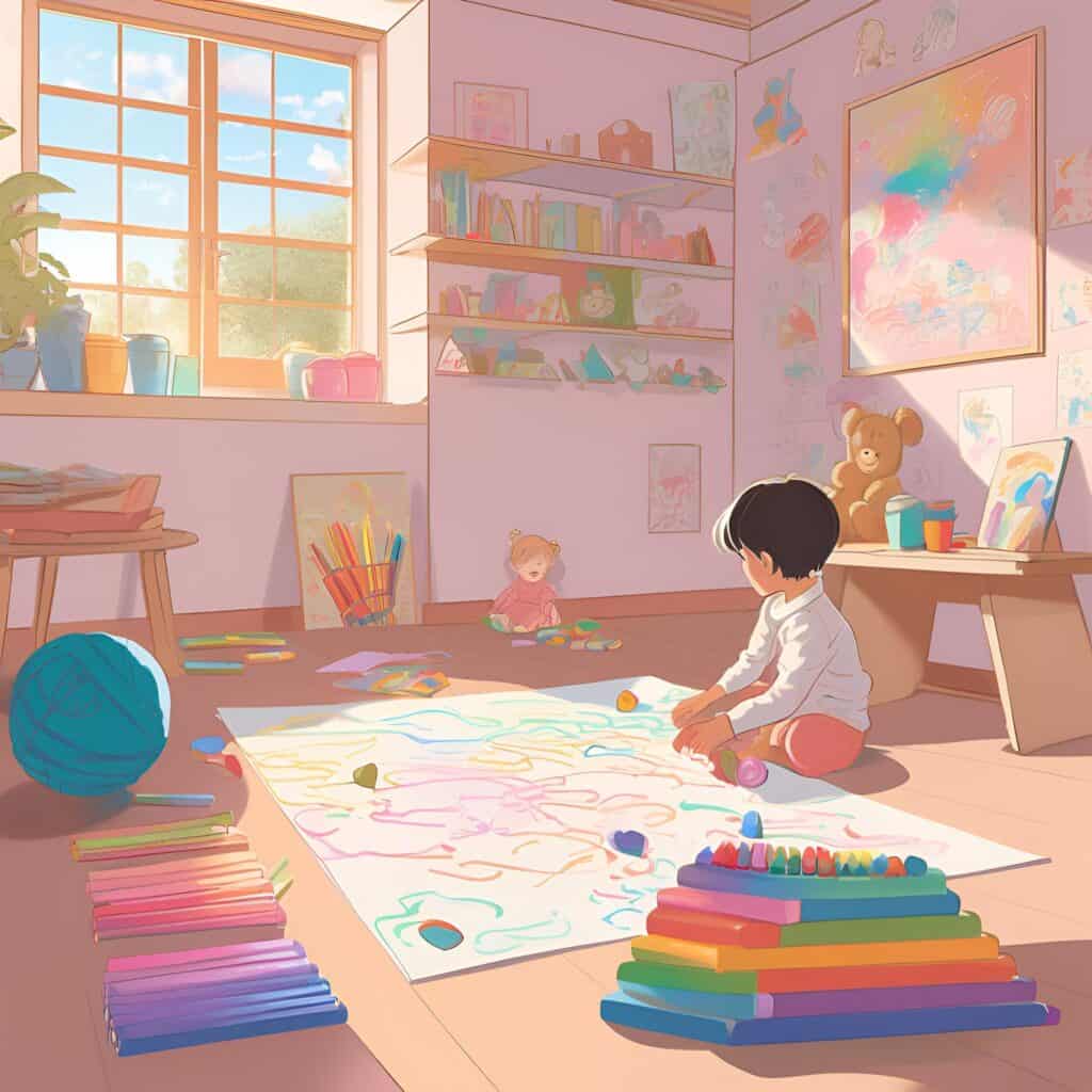 A toddler sits on the floor in a bright, sunlit room surrounded by colorful art supplies and papers. The walls are decorated with playful drawings and a large soft canvas. The room feels creative, safe, and child-centered.
