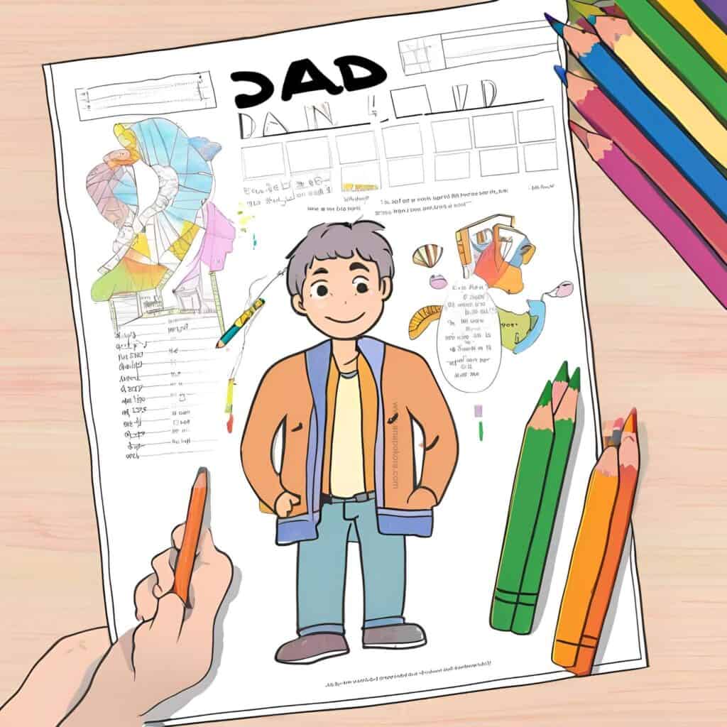 Father’s Day questionnaire sheet partially filled out with colored pencils nearby, showing a cartoon drawing of Dad.