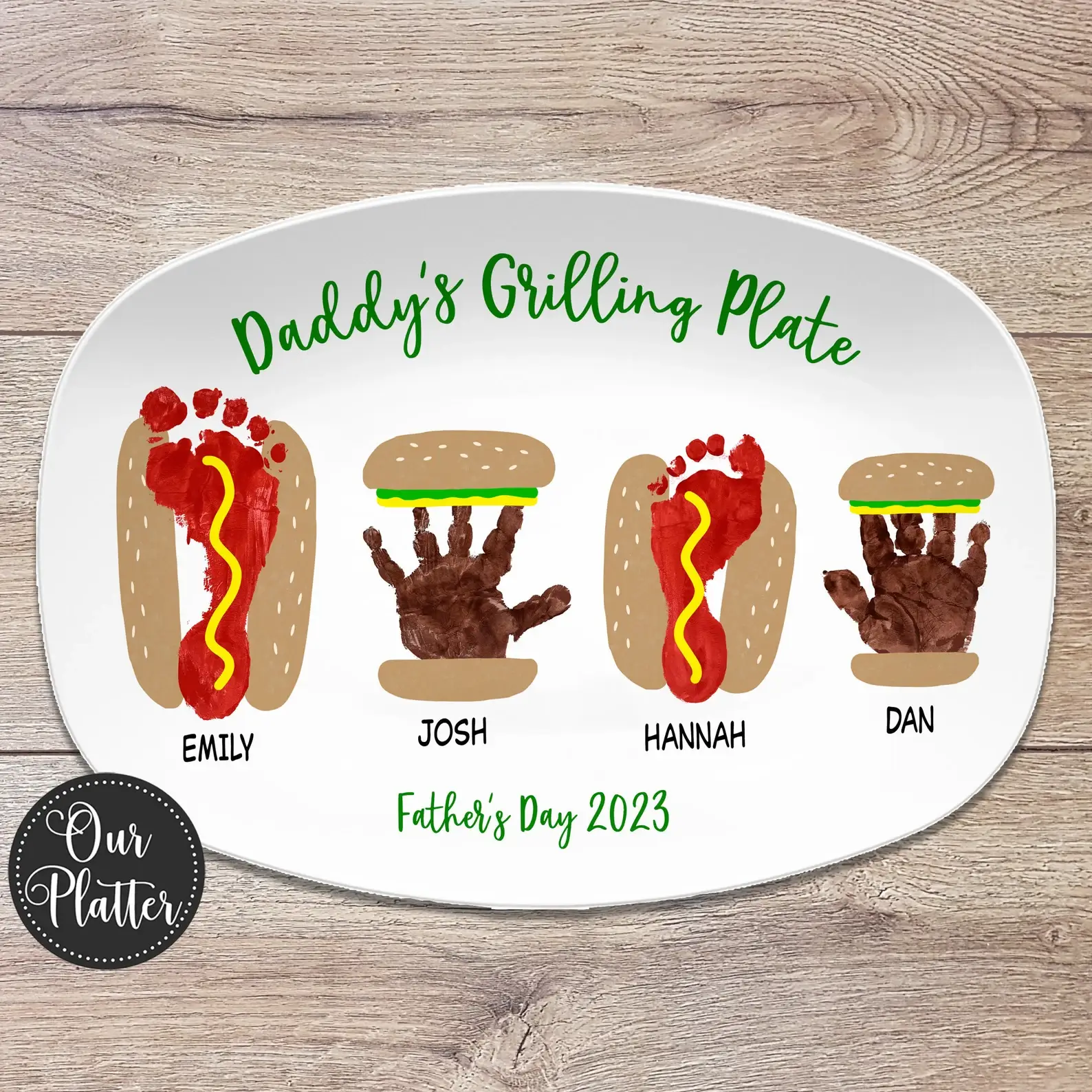 Daddy’s Grilling Platter – Custom platter with kids’ handprint food art and names