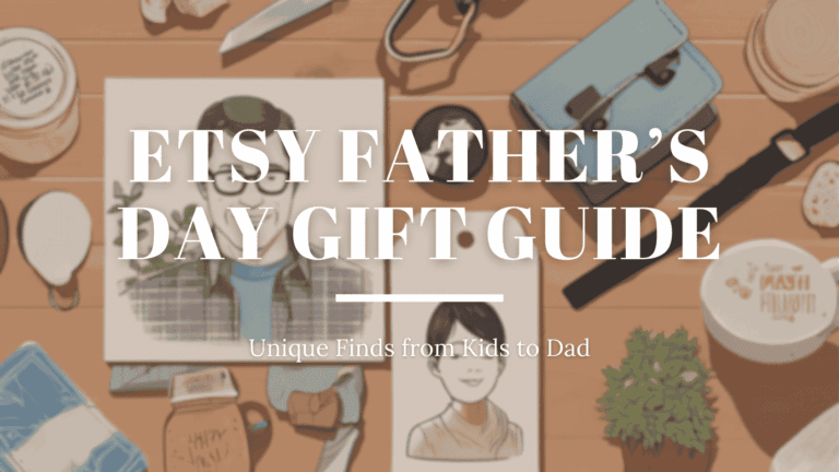Flat lay of thoughtful Father’s Day gifts styled like Etsy products, including a hand-drawn portrait, keychain, wallet, mug, and greenery on a wood background with text overlay reading “Etsy Father’s Day Gift Guide: Unique Finds from Kids to Dad