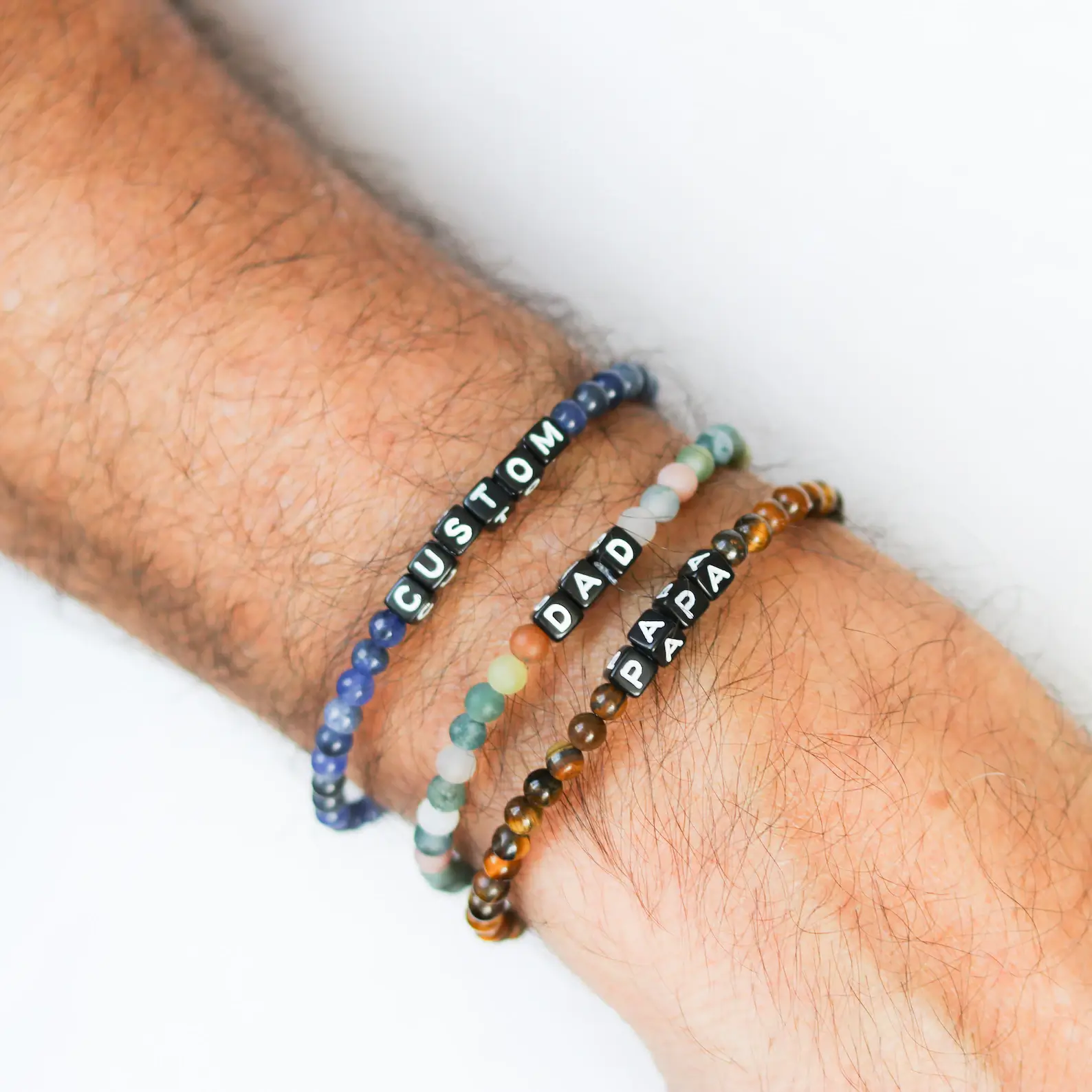 Beaded Name Bracelets on Wrist – Custom beaded bracelets for Dad with “DAD” and “PAPA” letter beads