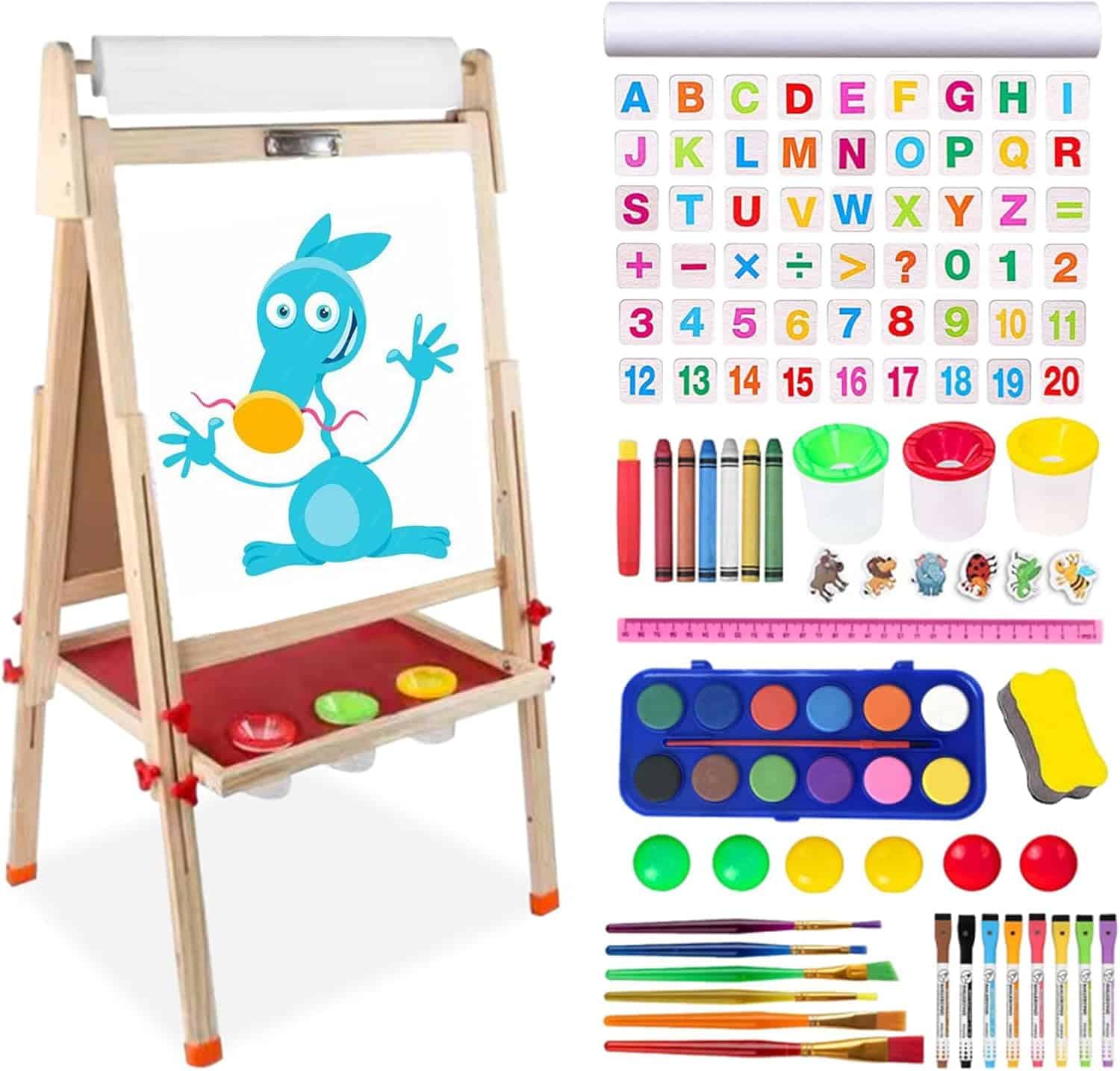 D.Lone Kids Art Easel - Adjustable Double-Sided Wooden Easel for Kids & Toddlers with Magnetic Toddler Drawing Board & 100+ Accessories 