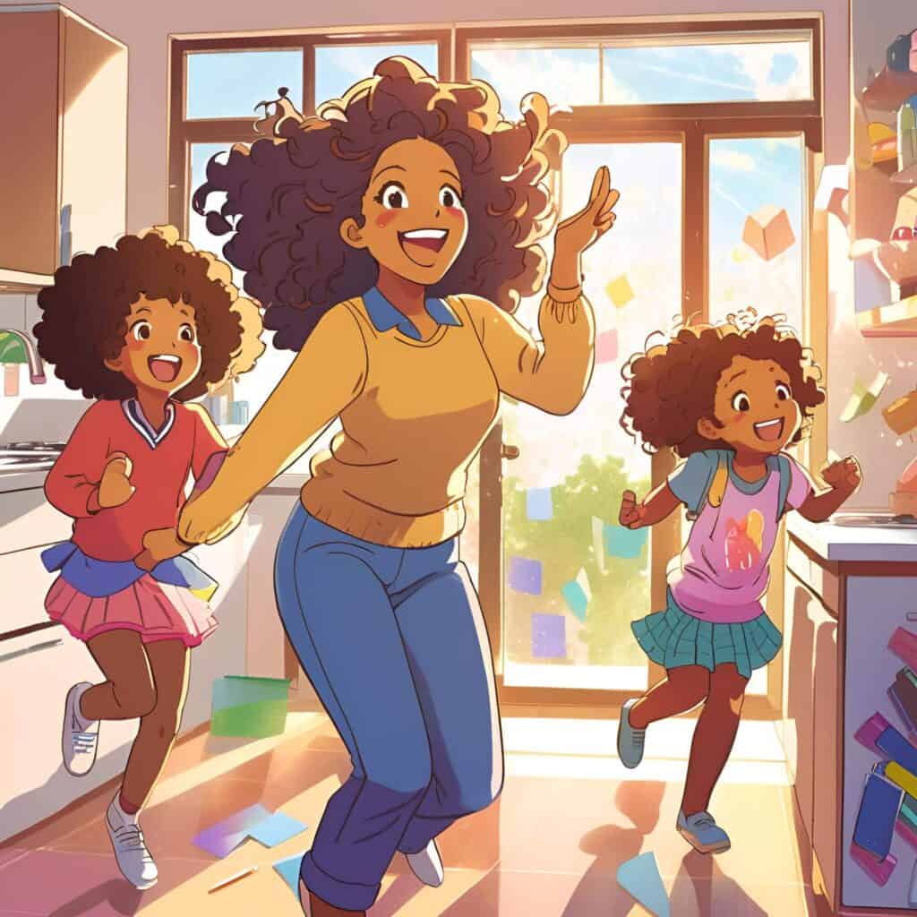 Animated image of a curly-haired mom dancing joyfully with her two daughters in a sunlit kitchen, surrounded by colorful papers and school bags, showing an energetic start to the day.
