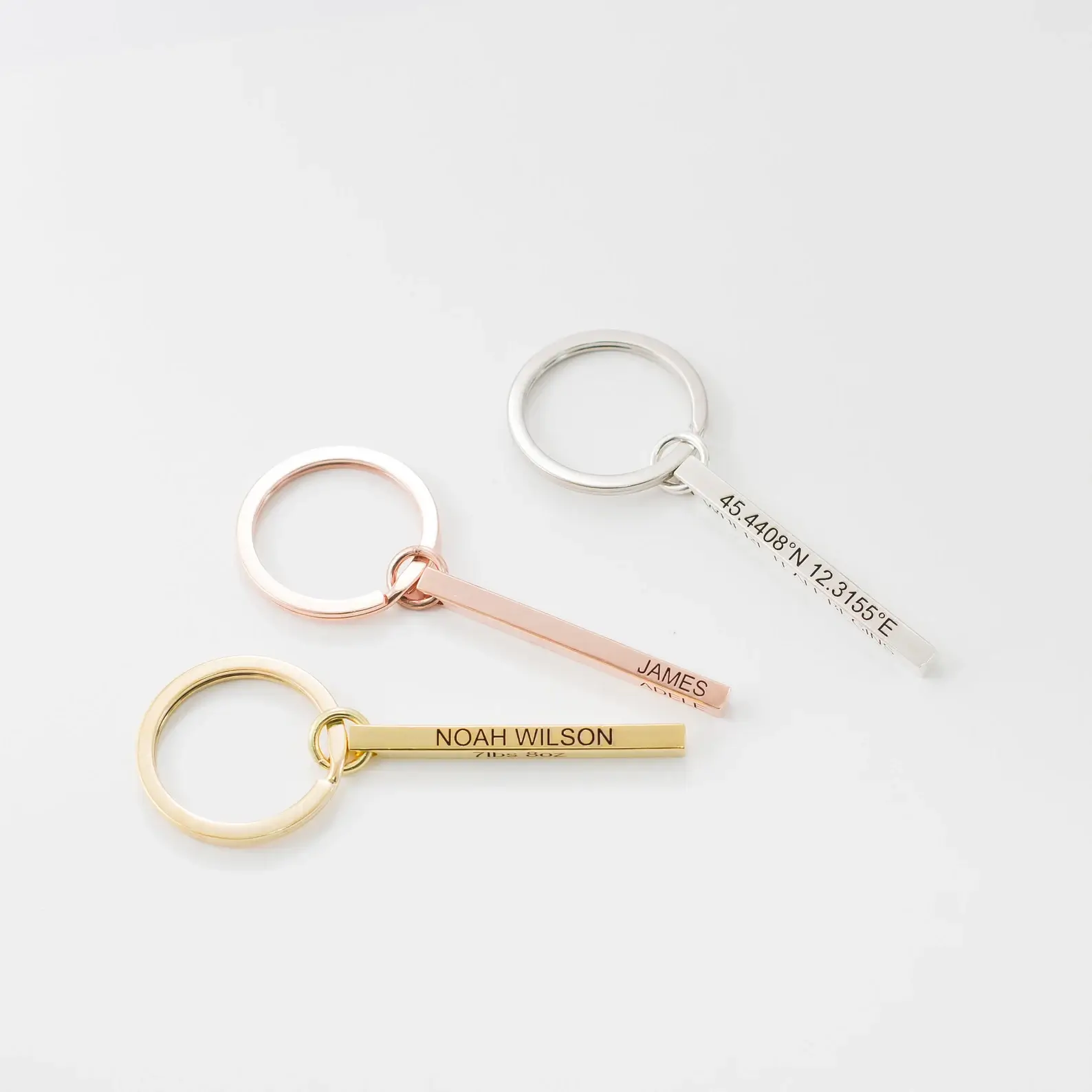 Engraved Keychains Trio – Custom name keychains in silver, gold, and rose gold