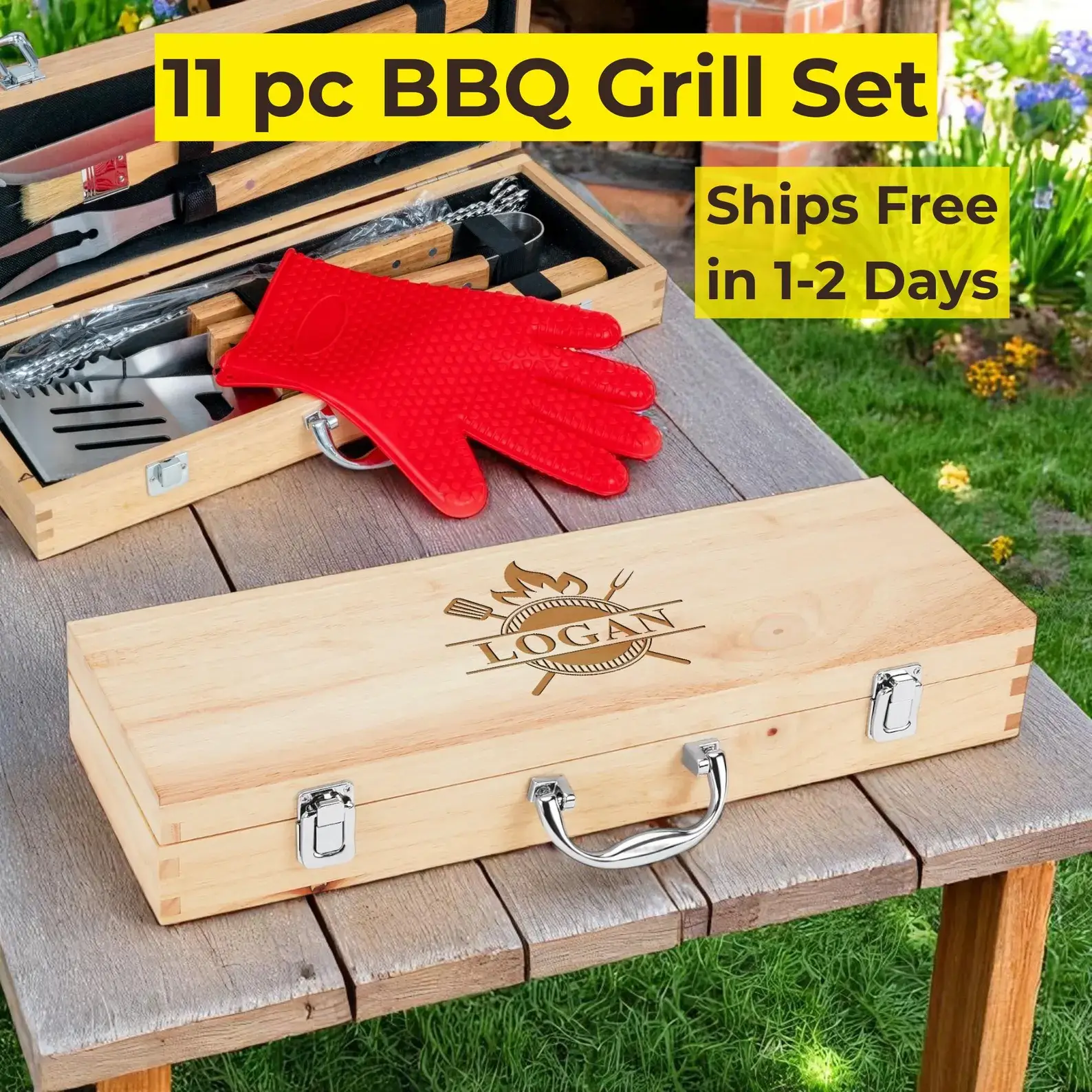 BBQ Set with Red Glove – Father's Day BBQ gift set with engraving and accessories