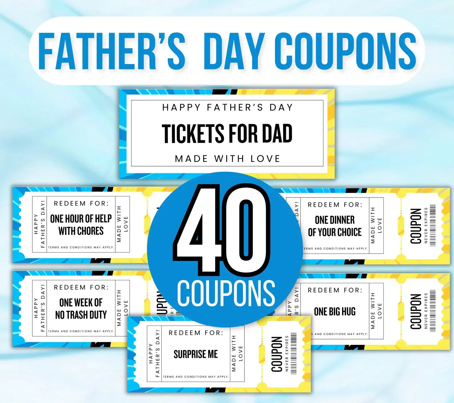 Blue Father's Day Coupon Sheet – Printable Father's Day coupon book with 40 pre-filled coupons