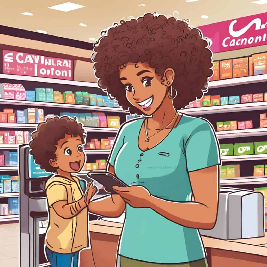 Woman using RetailMeNot on her phone at a grocery store checkout to scan digital coupons and unlock savings.