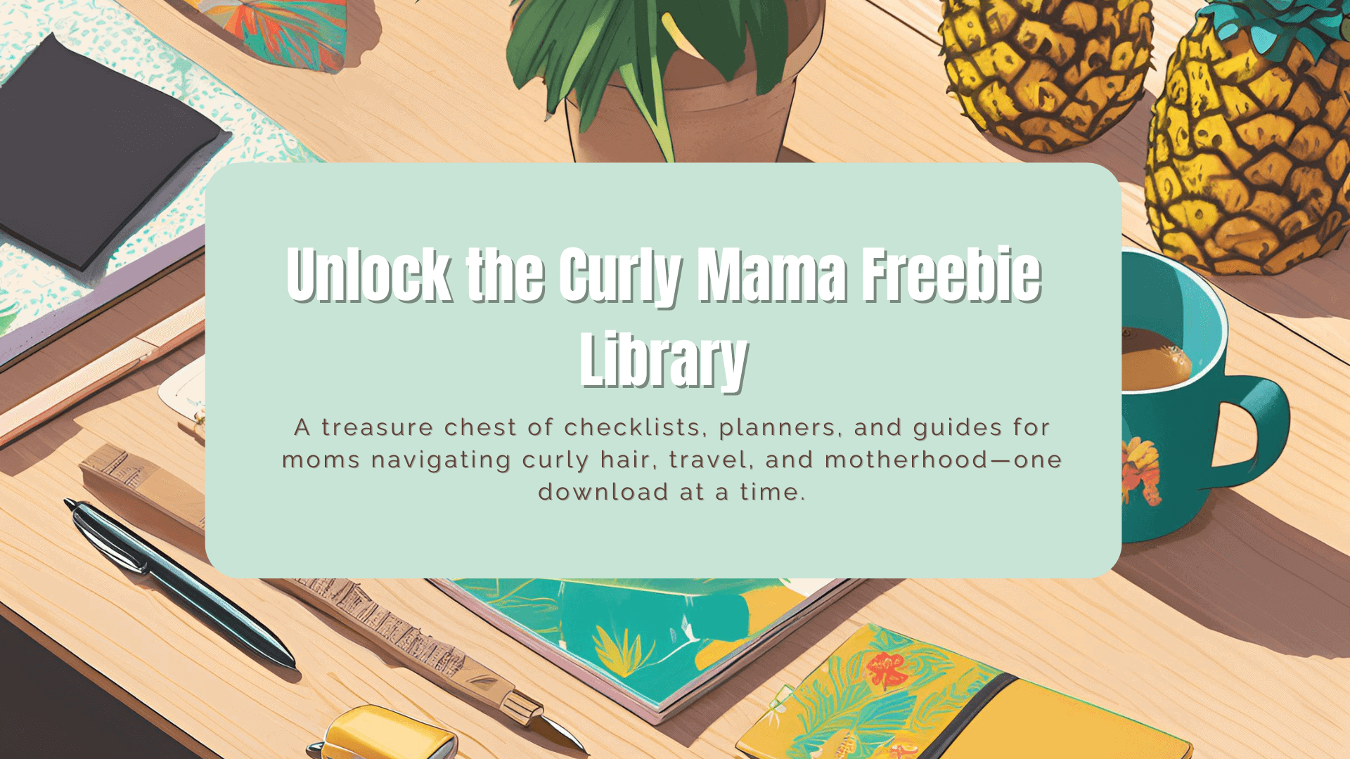 Curly Mama Freebie Library header with tropical planner, coffee mug, and pineapples on a desk promoting printable resources for moms.