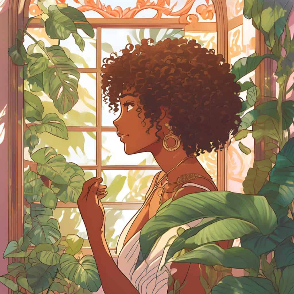 Brown-skinned woman with voluminous curly hair standing by a sunlit window, surrounded by green plants, reflecting on her wellness journey