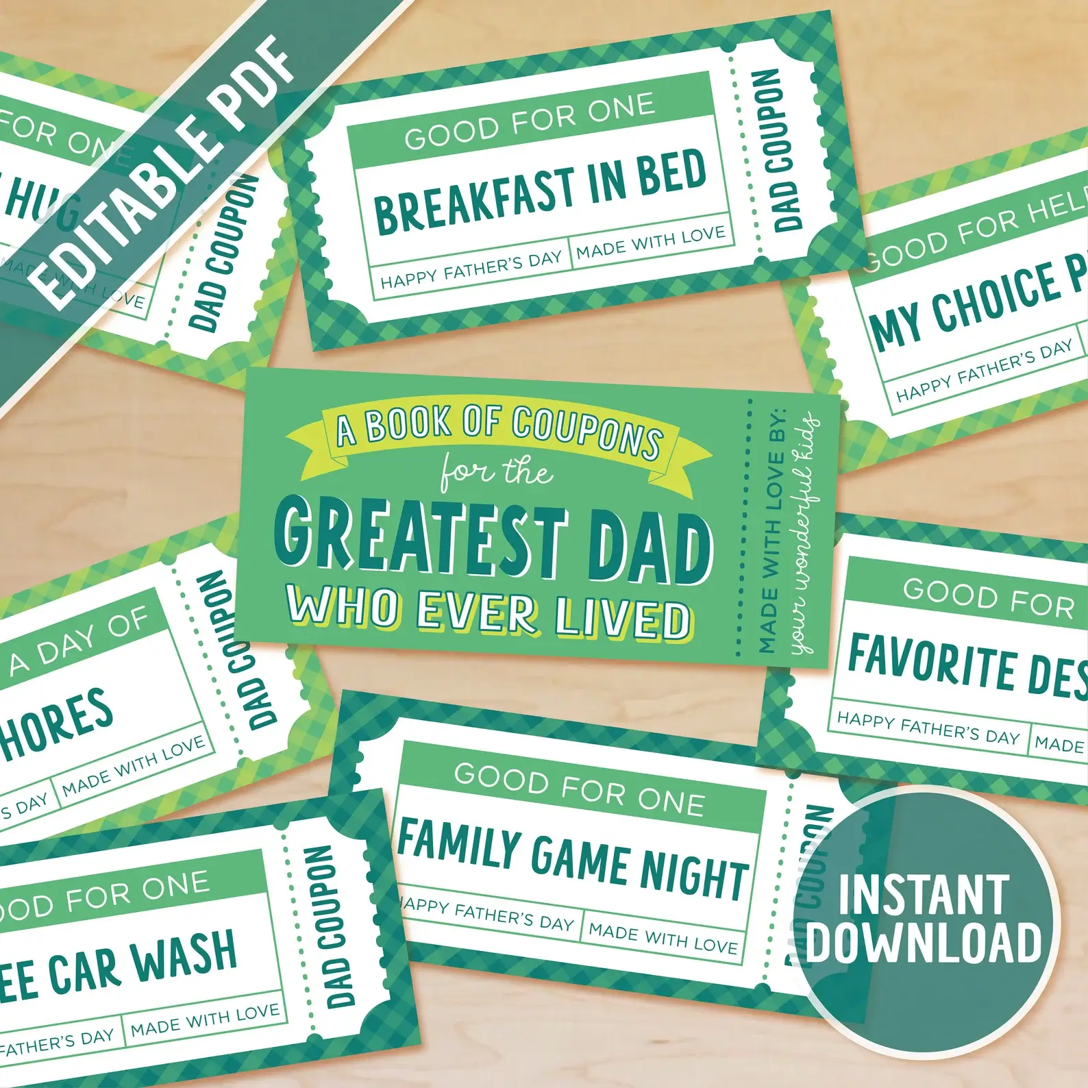 Green Editable Coupon Set – DIY Father's Day coupon book for Dad with editable chore and reward tickets