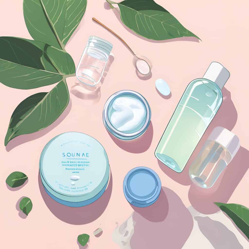 Flat lay of a morning wellness routine with probiotic capsule, glass of water, and skincare products on a soft pastel surface with natural lighting