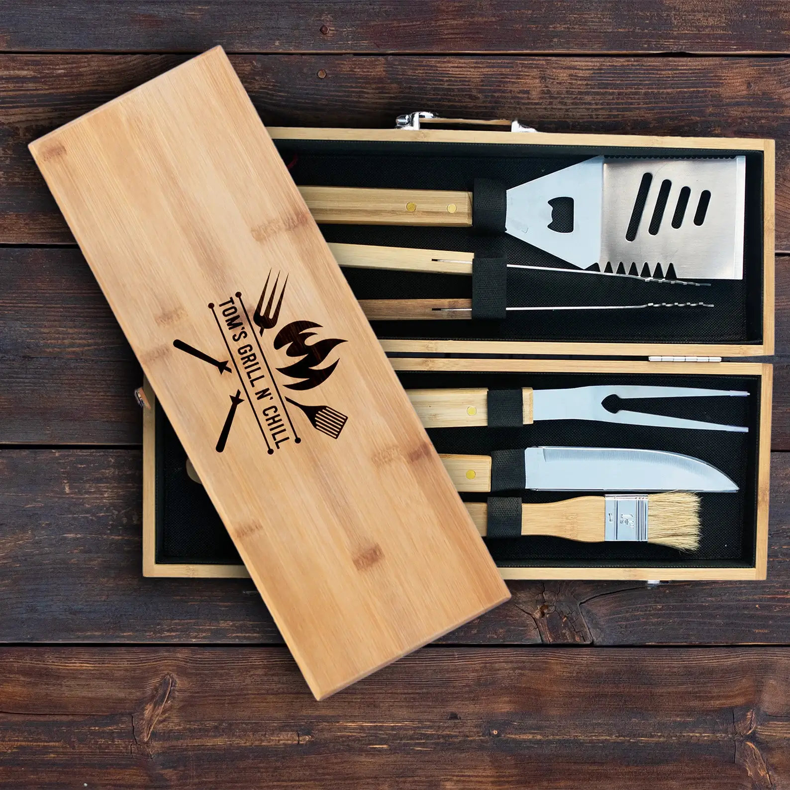 Engraved BBQ Grill Set in Wood Box – Personalized grill tool set in engraved wooden case