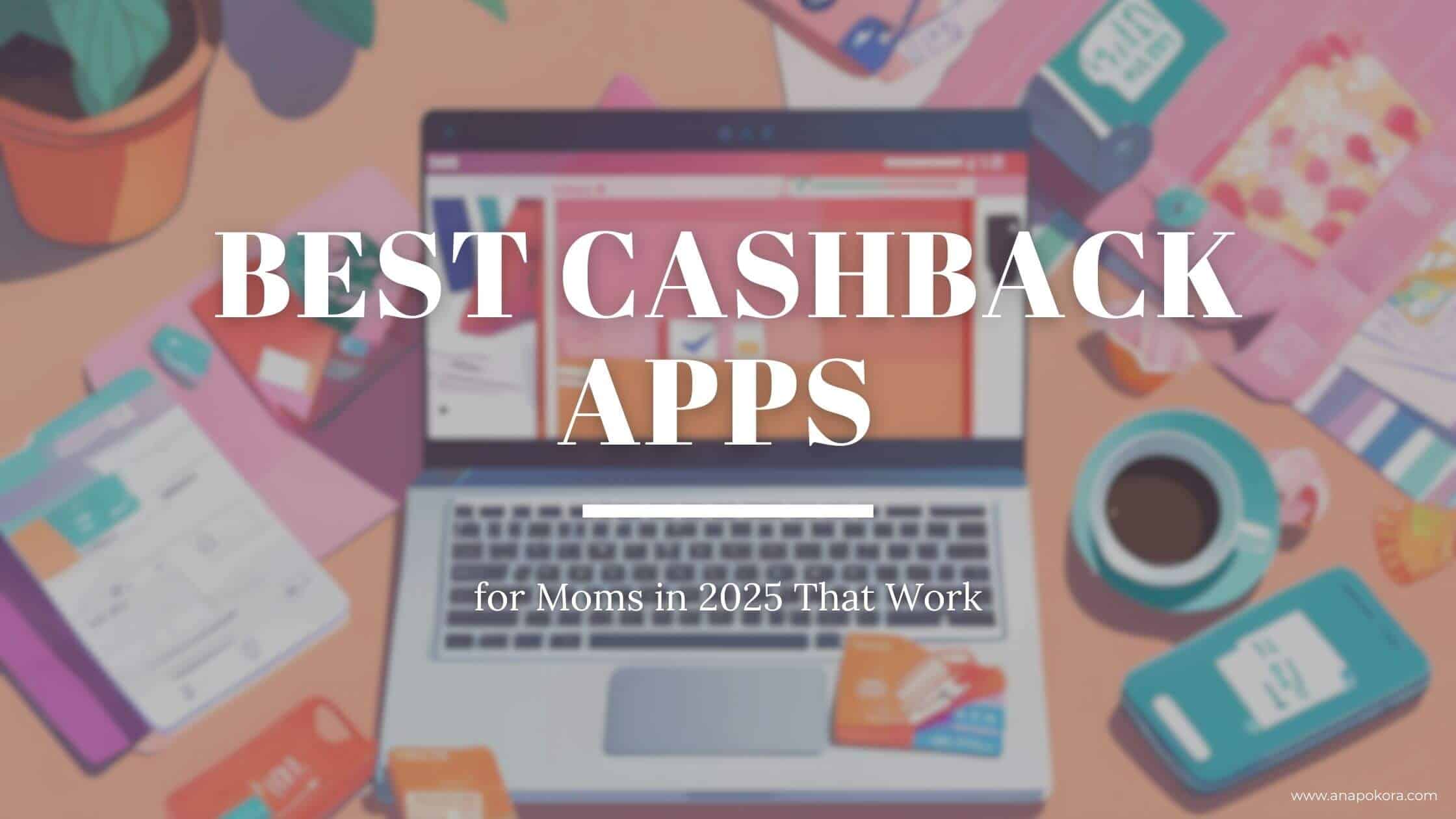 Illustration of a laptop surrounded by colorful shopping receipts, gift cards, a smartphone, and a coffee mug on a desk. Text overlay reads "Top Cashback Apps for Moms in 2025 That Work.