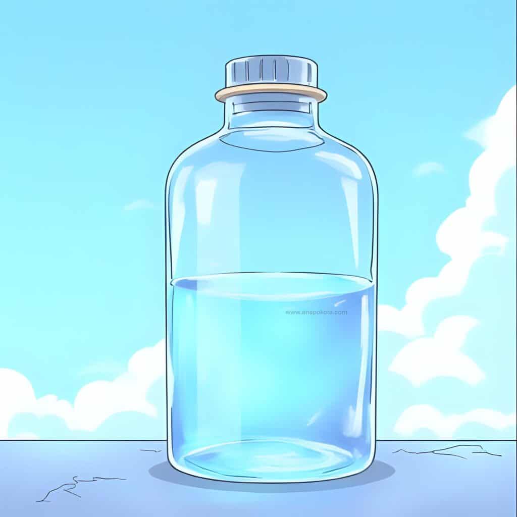 Clear glass bottle filled with blue-tinted distilled water sitting on a flat surface under a bright sky, representing rinsing hair with filtered or distilled water.