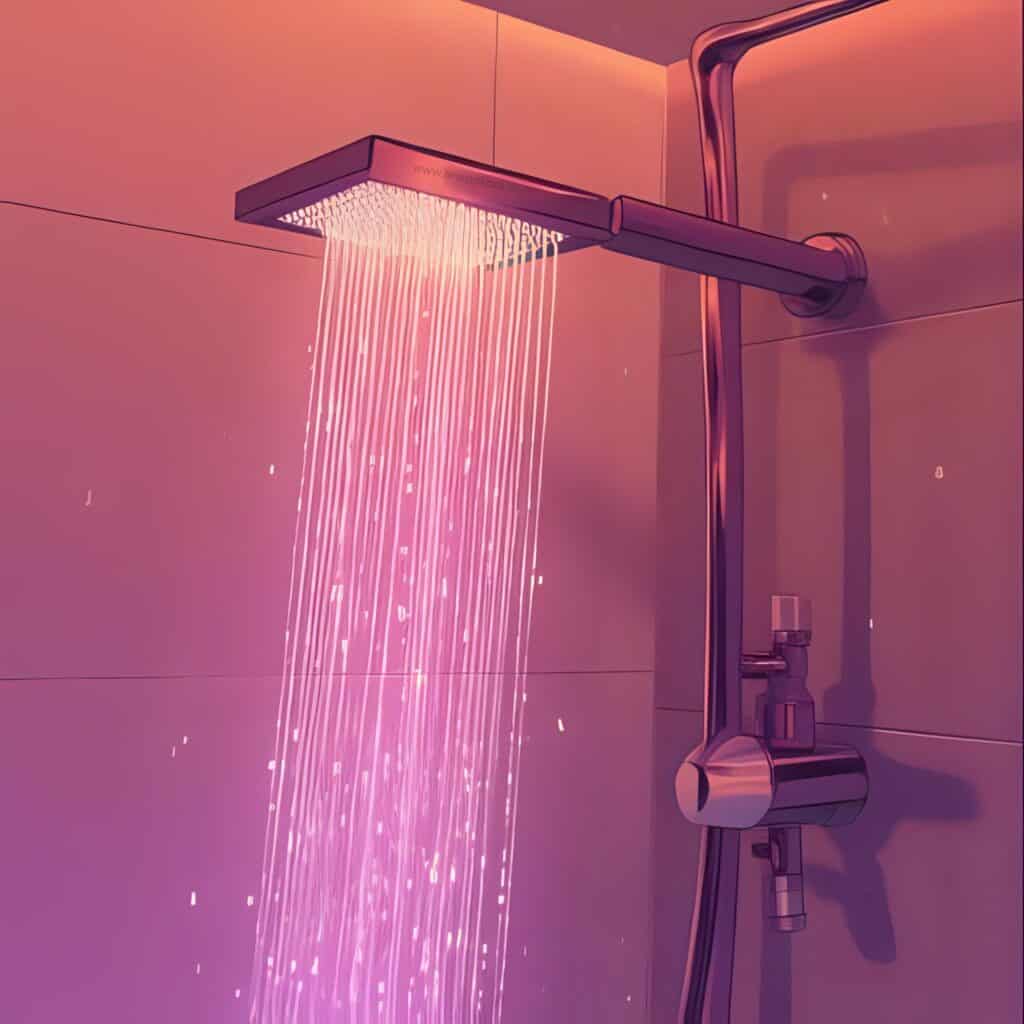 Modern showerhead releasing a strong stream of water in a purple-lit bathroom, representing the use of a shower filter to reduce hard water exposure.