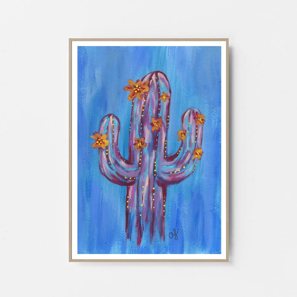 Cactus Azul bold cactus art print by Andrea Segura, purple cactus with flowers on blue background