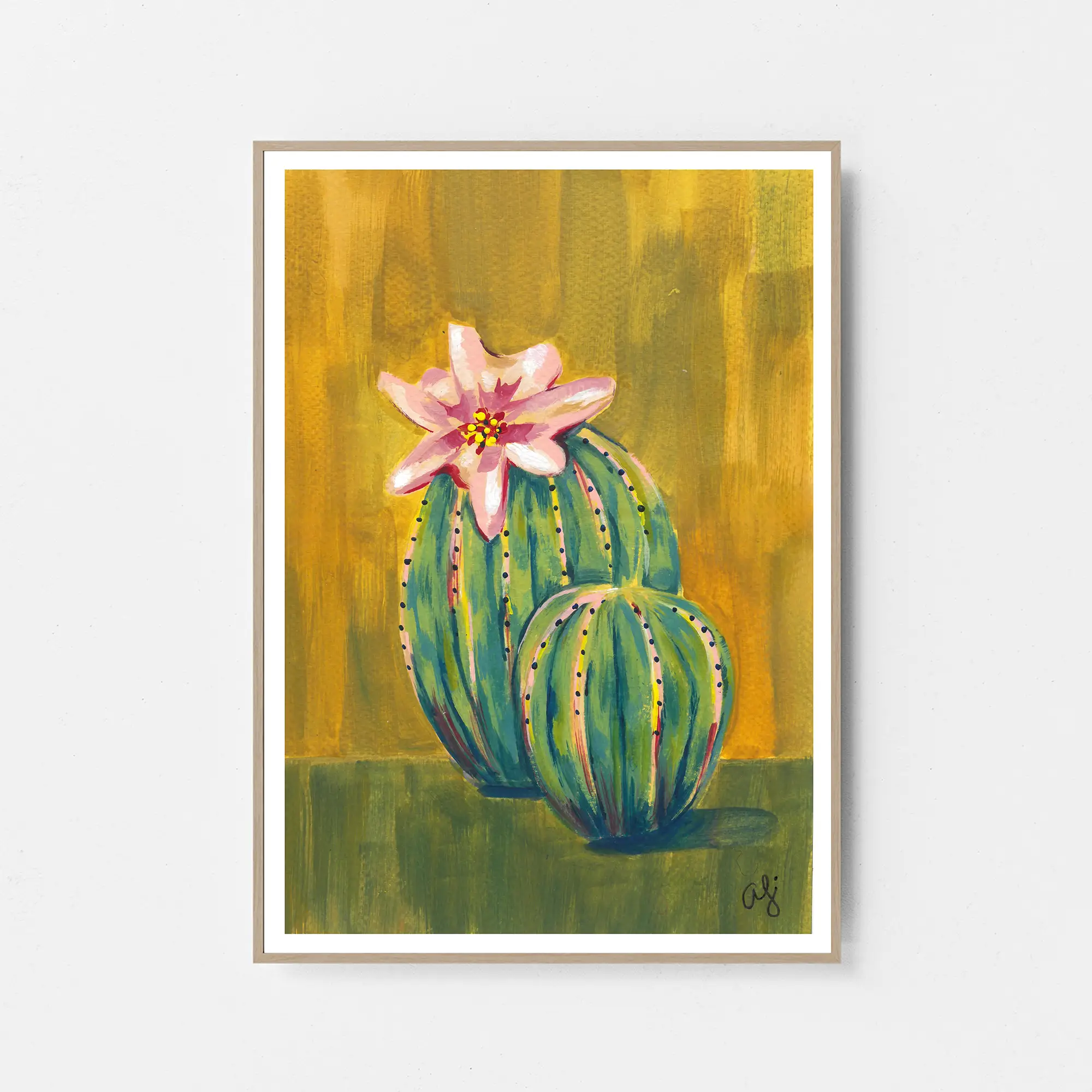 Flor del Desierto is a cactus art print by Andrea Segura. Vibrant greens and pinks on a golden ochre background. Available in multiple sizes.