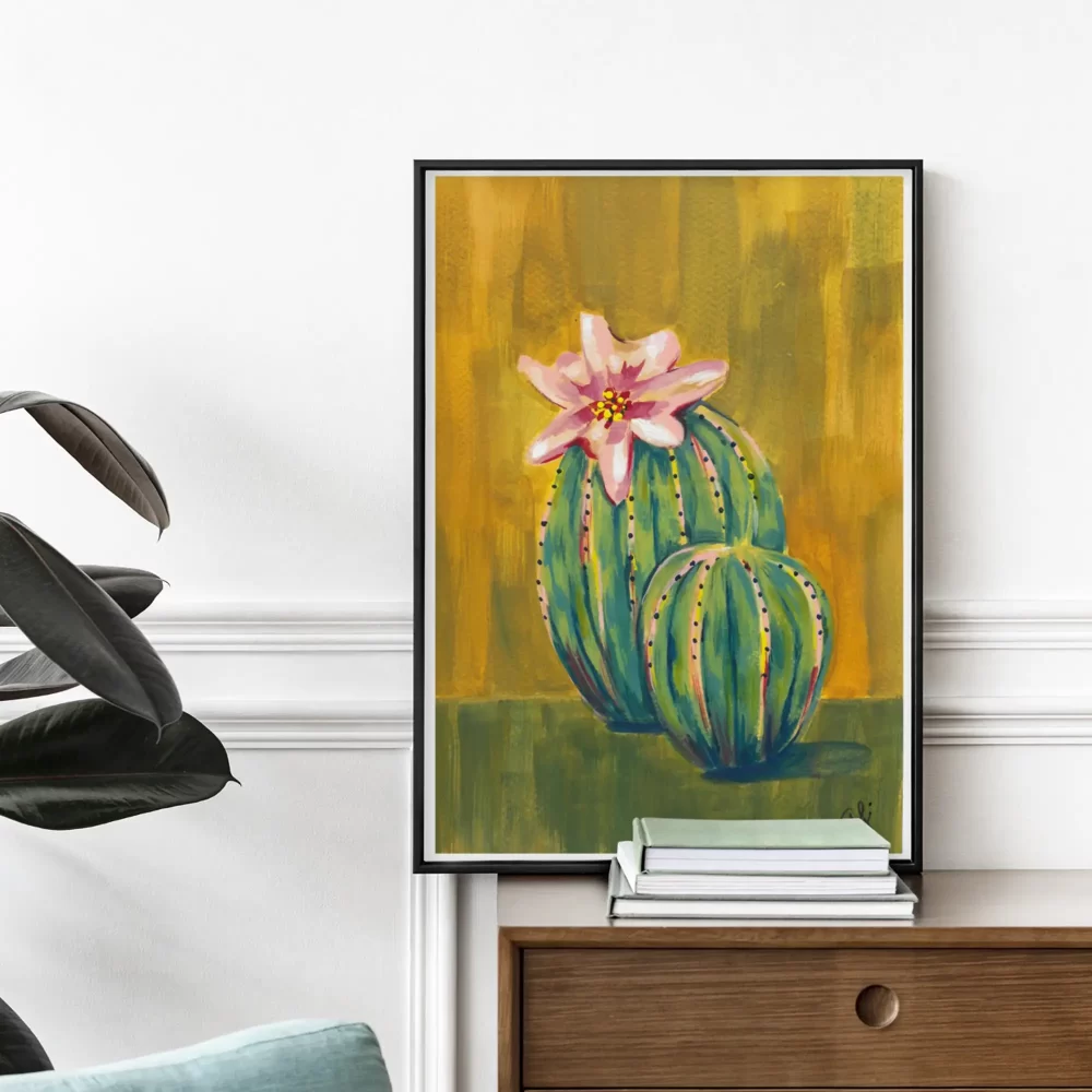 Flor del Desierto cactus art print by Andrea Segura with pink flower on yellow background