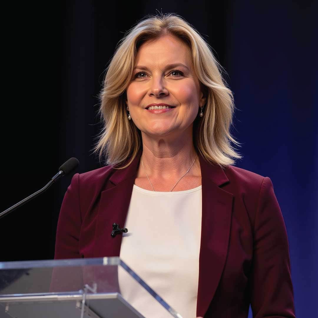 Angie Thompson speaking at a podium, representing leadership, strategy, storytelling, and organizational growth. Featured image for the article "Turning Vision Into Momentum."