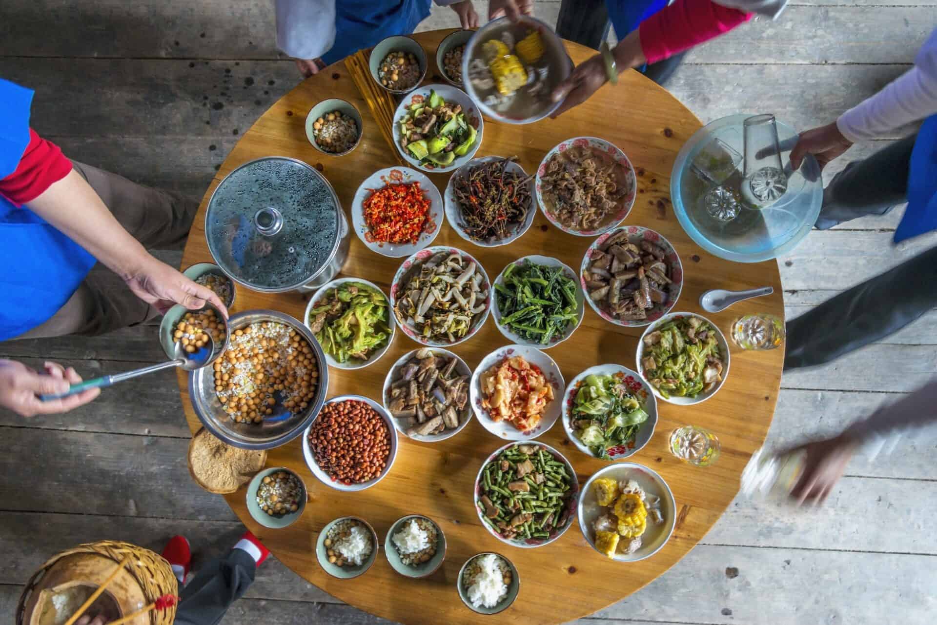 Chinese dinner at home, high angle view