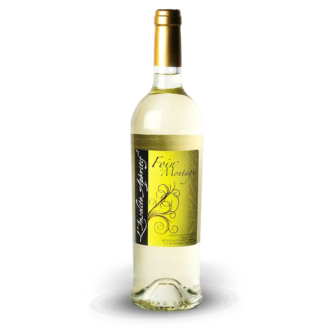 Bouteille d'apéritif Foin Montagne avec étiquette jaune et noire.