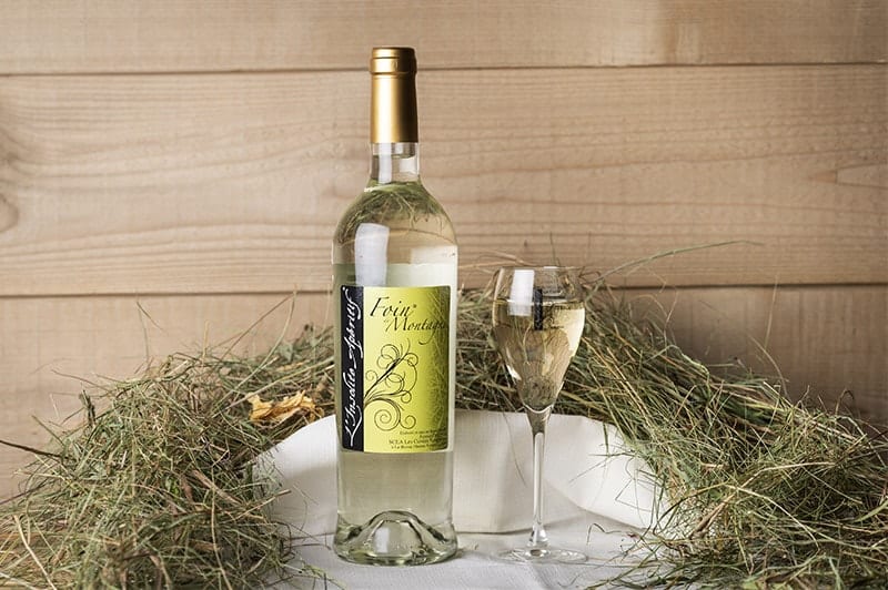 Bouteille de vin blanc et verre d'apéritif dans un décor naturel rustique.