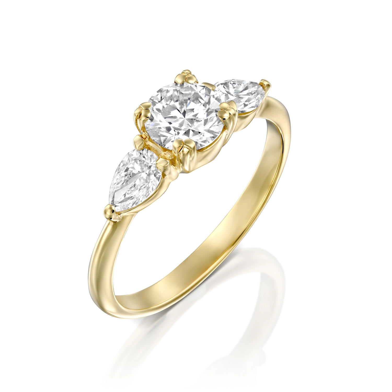 ⁦טבעת 3 אבנים - מרכזית עגולה ct0.60 וזוג טיפות⁩ – תמונה ⁦2⁩