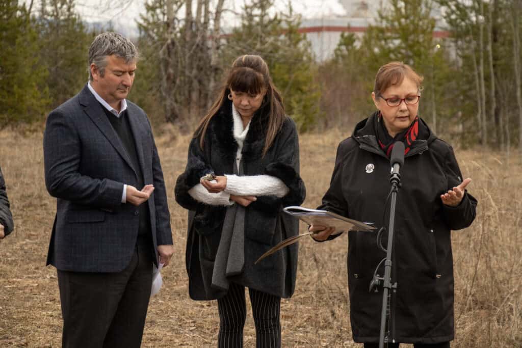 Members of the Arbios team and Lheidli T’enneh First Nation give a site blessing