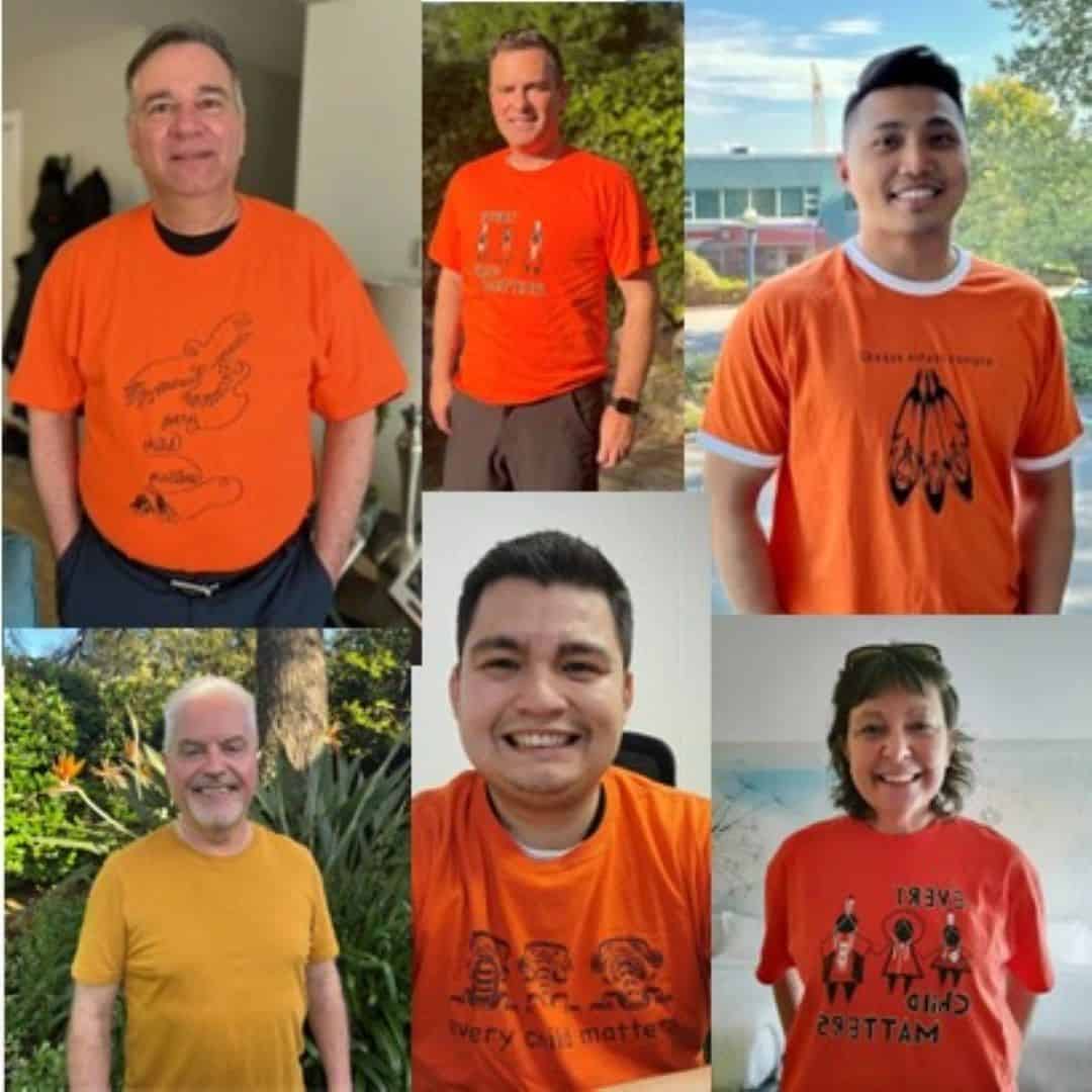 Collage of Arbios team members wearing orange shirts