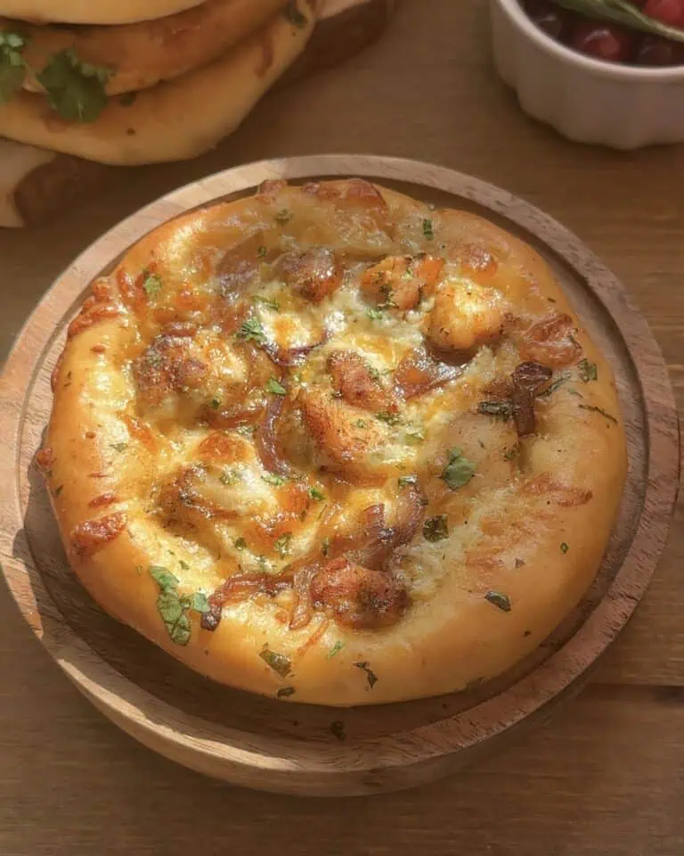 Golden-brown cheesy chicken pizza pie topped with tender chicken pieces, caramelized onions, melted cheese, and fresh herbs, served on a rustic wooden plate, perfect for pizza lovers