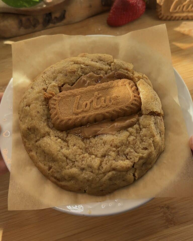 Image of a single-serve Biscoff stuffed cookie held in hand, showcasing the gooey Biscoff spread and marshmallow center, perfect for a delicious Biscoff marshmallow stuffed cookie experience.