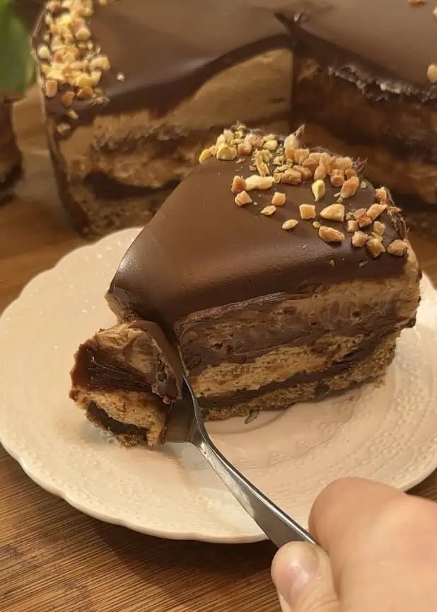 Spooning a slice of Peanut Butter Cheesecake with a perfect cookie crust, smooth peanut butter cheesecake, a rich peanut butter middle layer, and topped with Nutella and crushed peanuts, revealing the creamy inside