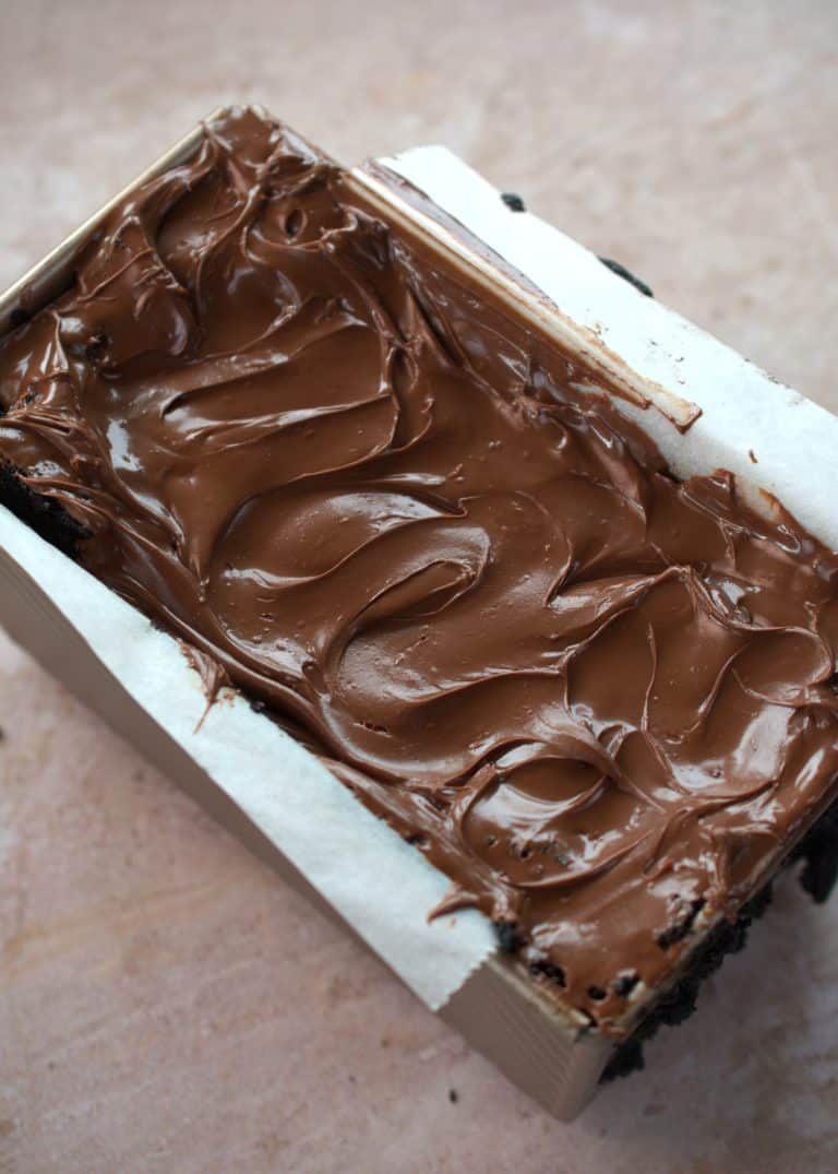 A rich chocolate cake covered with a thick layer of Nutella, ready to be sliced.