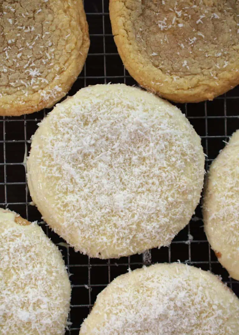 White chocolate-covered coconut cookies